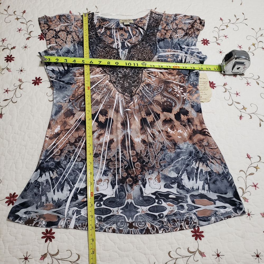 ONE WORLD Women's Floral Blouse - Blue and Tan - Picture 4 of 6